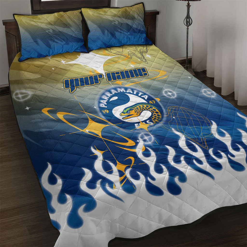 Personalized Parramatta Eels Quilt Bed Set Y2K Grunge Aesthetic With Cyber Flames and Starburst Graphics