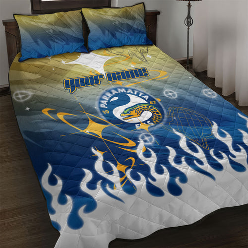 Personalized Parramatta Eels Quilt Bed Set Y2K Grunge Aesthetic With Cyber Flames and Starburst Graphics