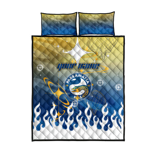 Personalized Parramatta Eels Quilt Bed Set Y2K Grunge Aesthetic With Cyber Flames and Starburst Graphics
