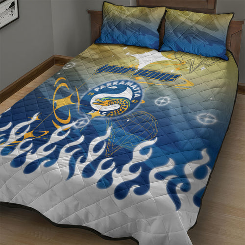 Personalized Parramatta Eels Quilt Bed Set Y2K Grunge Aesthetic With Cyber Flames and Starburst Graphics