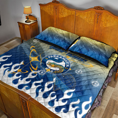 Personalized Parramatta Eels Quilt Bed Set Y2K Grunge Aesthetic With Cyber Flames and Starburst Graphics