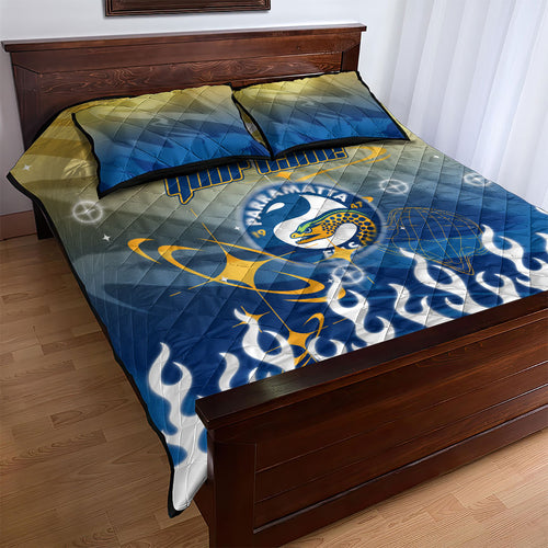 Personalized Parramatta Eels Quilt Bed Set Y2K Grunge Aesthetic With Cyber Flames and Starburst Graphics