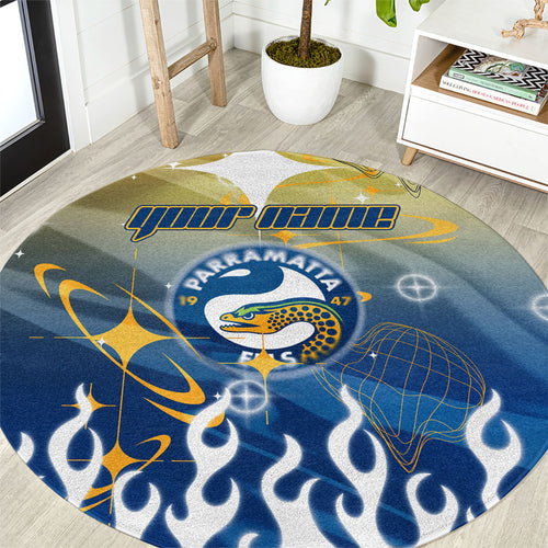 Personalized Parramatta Eels Round Carpet Y2K Grunge Aesthetic With Cyber Flames and Starburst Graphics