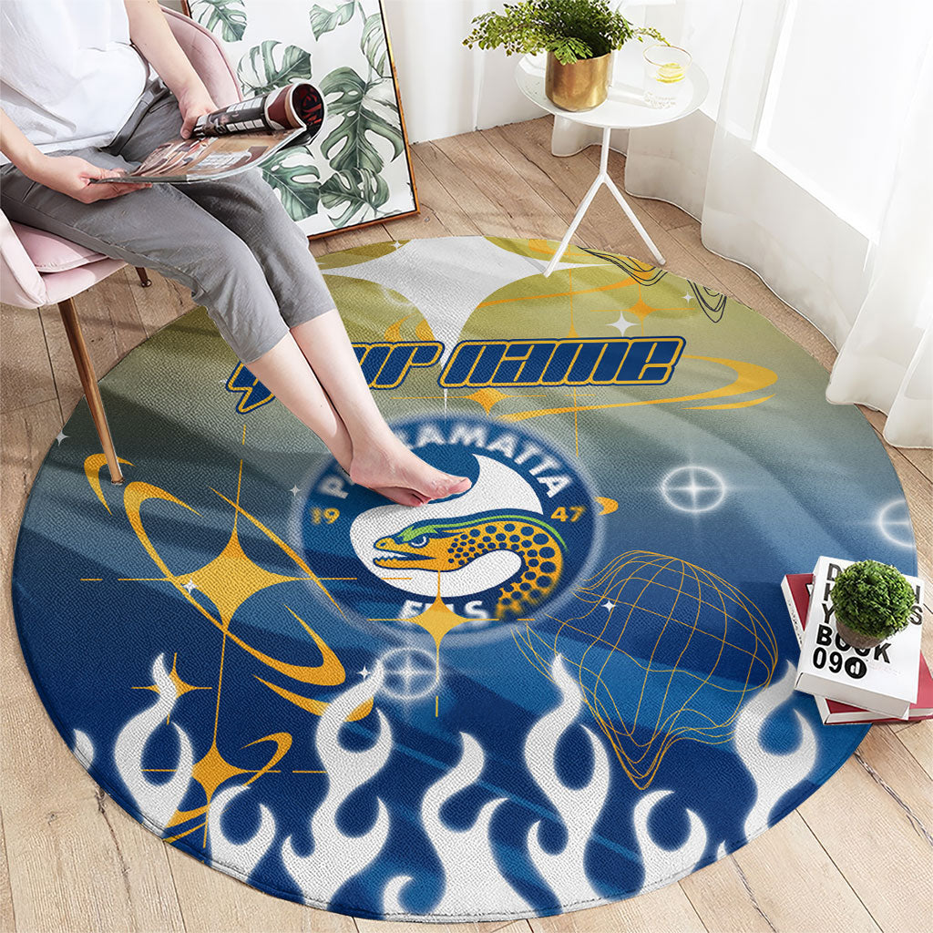 Personalized Parramatta Eels Round Carpet Y2K Grunge Aesthetic With Cyber Flames and Starburst Graphics