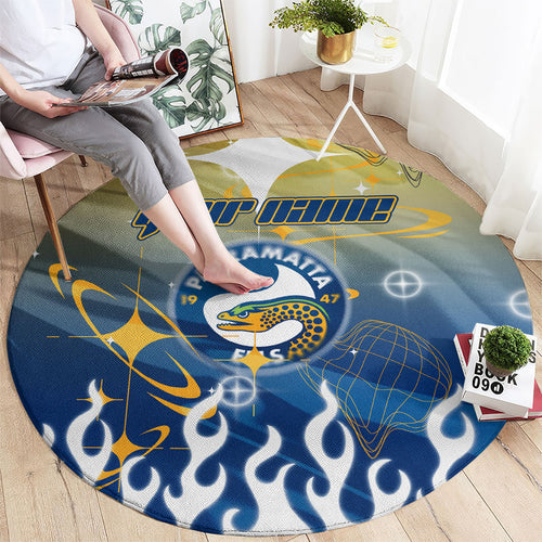 Personalized Parramatta Eels Round Carpet Y2K Grunge Aesthetic With Cyber Flames and Starburst Graphics