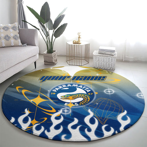 Personalized Parramatta Eels Round Carpet Y2K Grunge Aesthetic With Cyber Flames and Starburst Graphics