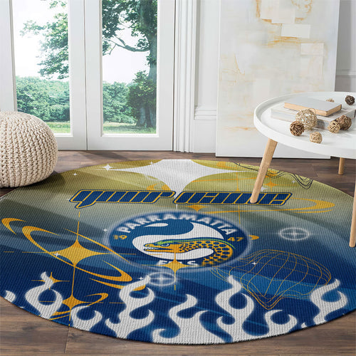 Personalized Parramatta Eels Round Carpet Y2K Grunge Aesthetic With Cyber Flames and Starburst Graphics