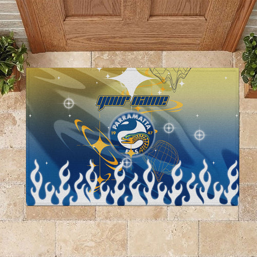 Personalized Parramatta Eels Rubber Doormat Y2K Grunge Aesthetic With Cyber Flames and Starburst Graphics