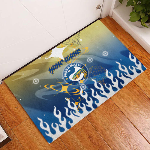 Personalized Parramatta Eels Rubber Doormat Y2K Grunge Aesthetic With Cyber Flames and Starburst Graphics