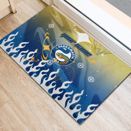 Personalized Parramatta Eels Rubber Doormat Y2K Grunge Aesthetic With Cyber Flames and Starburst Graphics