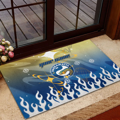 Personalized Parramatta Eels Rubber Doormat Y2K Grunge Aesthetic With Cyber Flames and Starburst Graphics