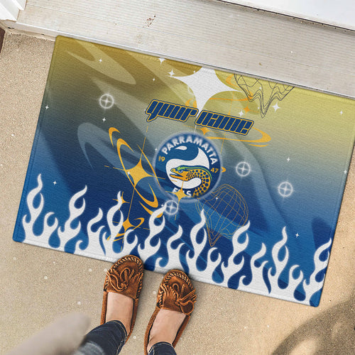 Personalized Parramatta Eels Rubber Doormat Y2K Grunge Aesthetic With Cyber Flames and Starburst Graphics