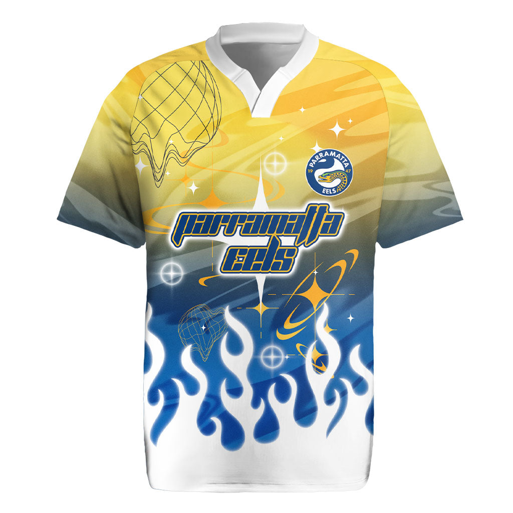 Personalized Parramatta Eels Rugby Jersey Y2K Grunge Aesthetic With Cyber Flames and Starburst Graphics