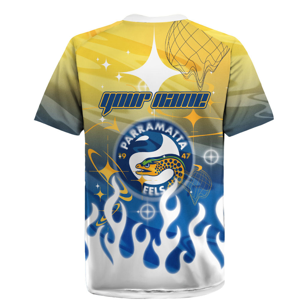 Personalized Parramatta Eels Rugby Jersey Y2K Grunge Aesthetic With Cyber Flames and Starburst Graphics