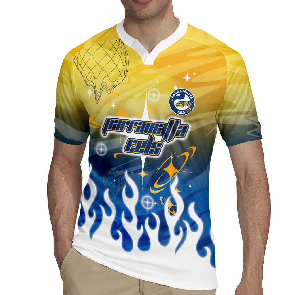 Personalized Parramatta Eels Rugby Jersey Y2K Grunge Aesthetic With Cyber Flames and Starburst Graphics
