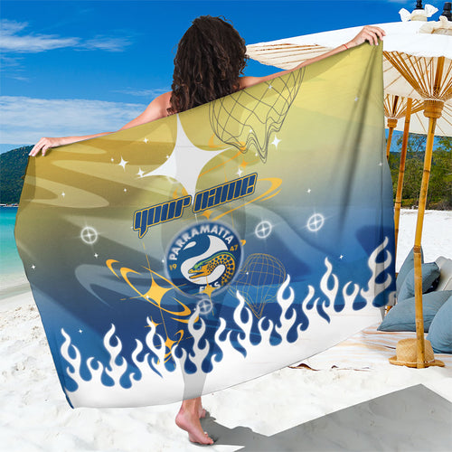 Personalized Parramatta Eels Sarong Y2K Grunge Aesthetic With Cyber Flames and Starburst Graphics