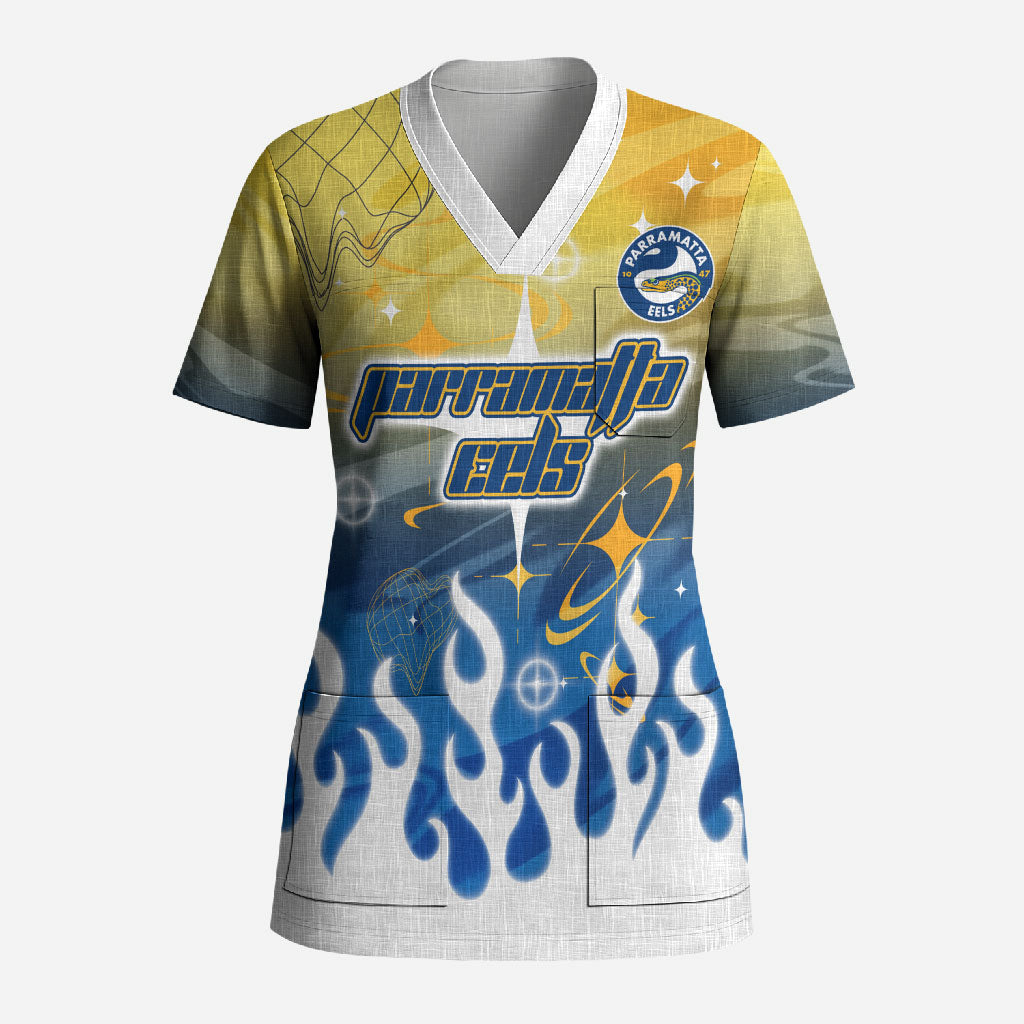 Personalized Parramatta Eels Scrub Top Y2K Grunge Aesthetic With Cyber Flames and Starburst Graphics