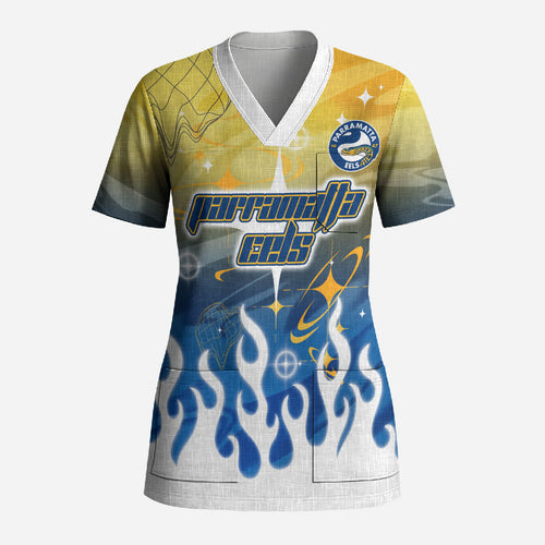 Personalized Parramatta Eels Scrub Top Y2K Grunge Aesthetic With Cyber Flames and Starburst Graphics