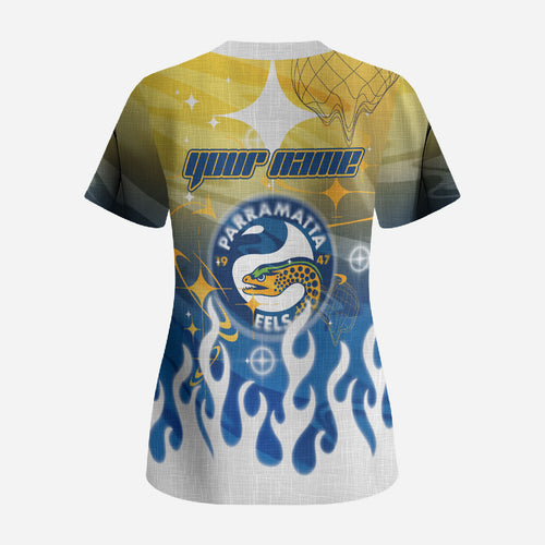 Personalized Parramatta Eels Scrub Top Y2K Grunge Aesthetic With Cyber Flames and Starburst Graphics