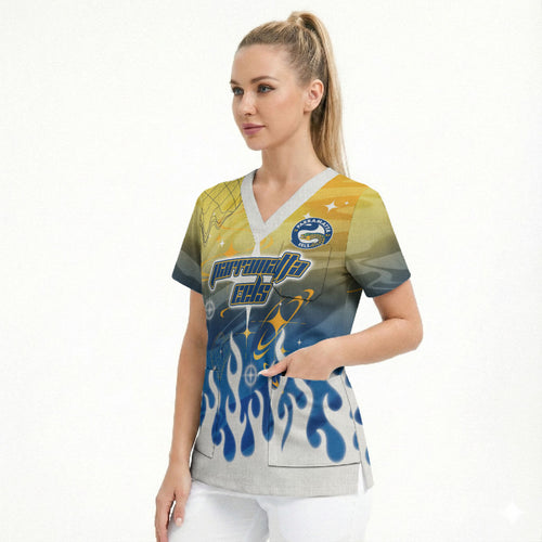 Personalized Parramatta Eels Scrub Top Y2K Grunge Aesthetic With Cyber Flames and Starburst Graphics