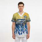 Personalized Parramatta Eels Scrub Top Y2K Grunge Aesthetic With Cyber Flames and Starburst Graphics