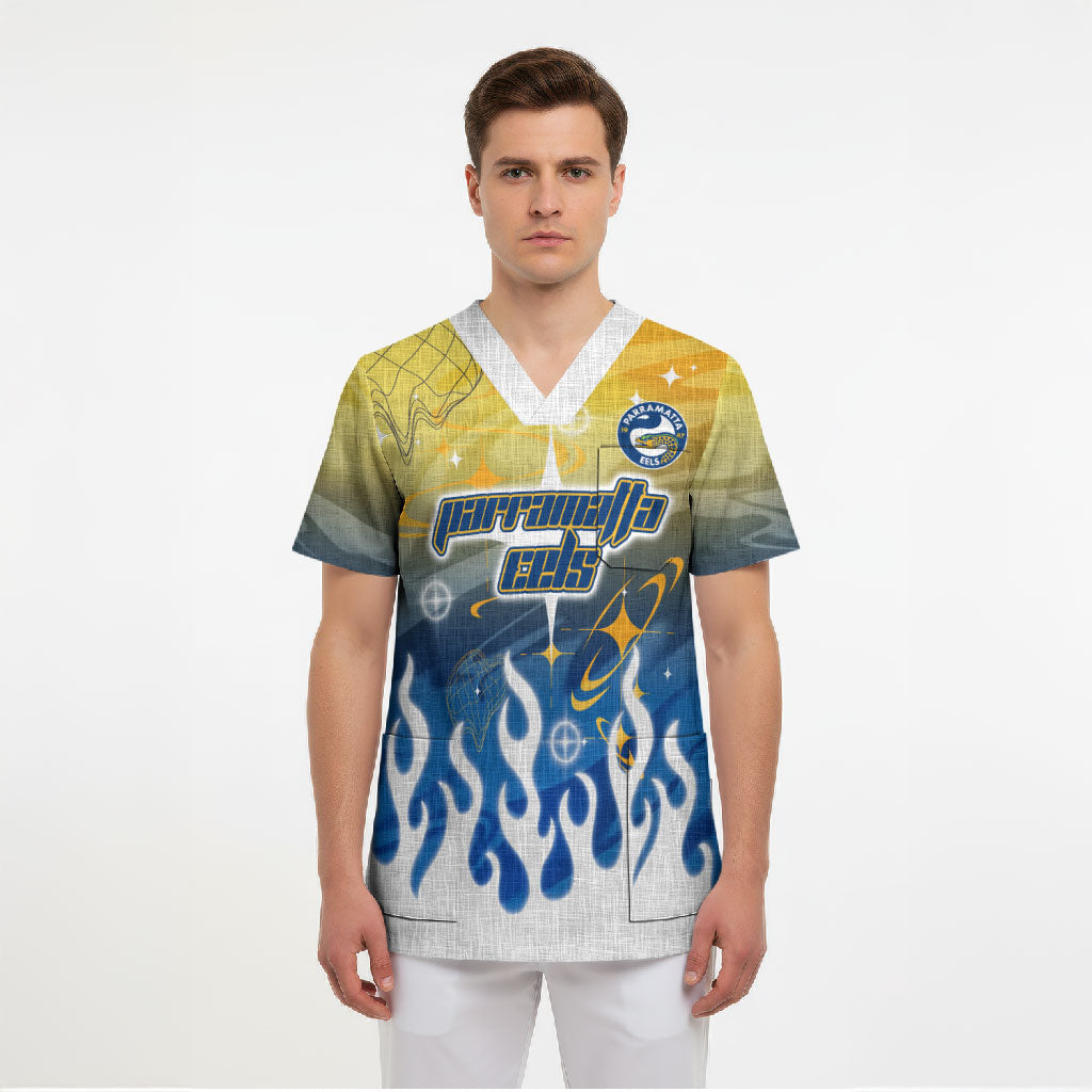 Personalized Parramatta Eels Scrub Top Y2K Grunge Aesthetic With Cyber Flames and Starburst Graphics