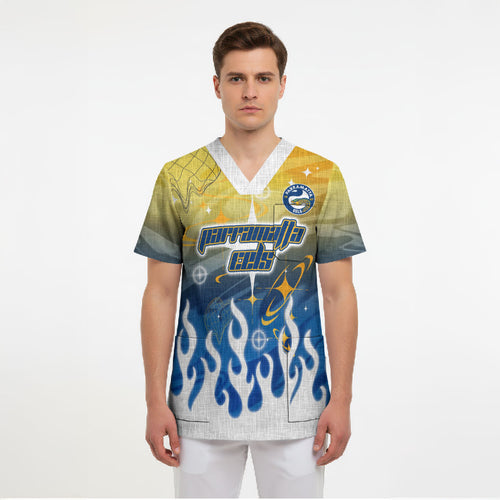 Personalized Parramatta Eels Scrub Top Y2K Grunge Aesthetic With Cyber Flames and Starburst Graphics
