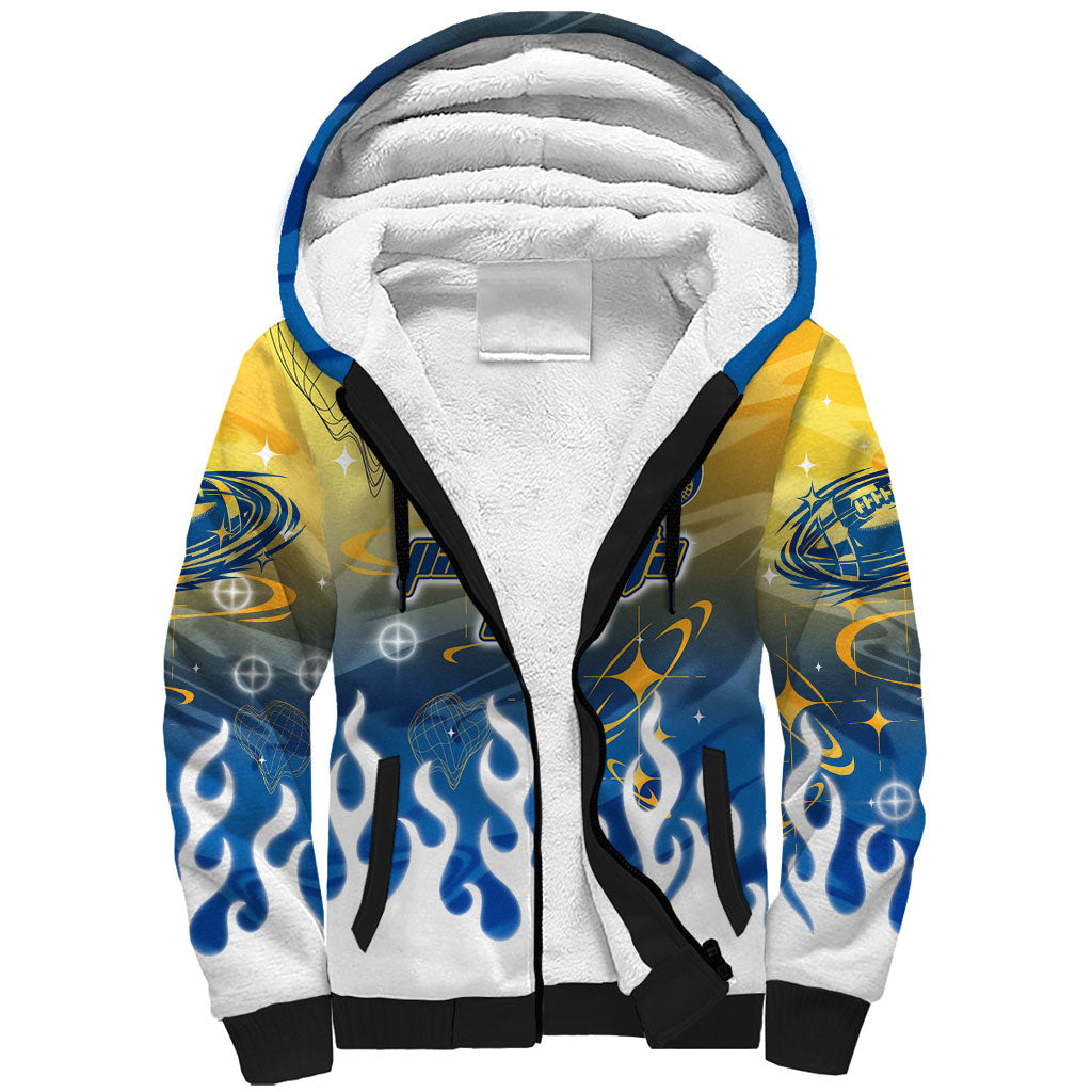 Personalized Parramatta Eels Sherpa Hoodie Y2K Grunge Aesthetic With Cyber Flames and Starburst Graphics