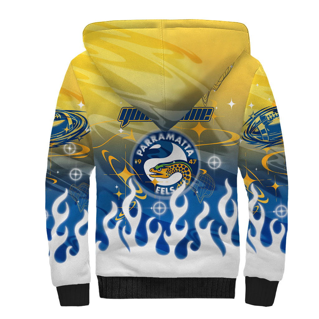Personalized Parramatta Eels Sherpa Hoodie Y2K Grunge Aesthetic With Cyber Flames and Starburst Graphics