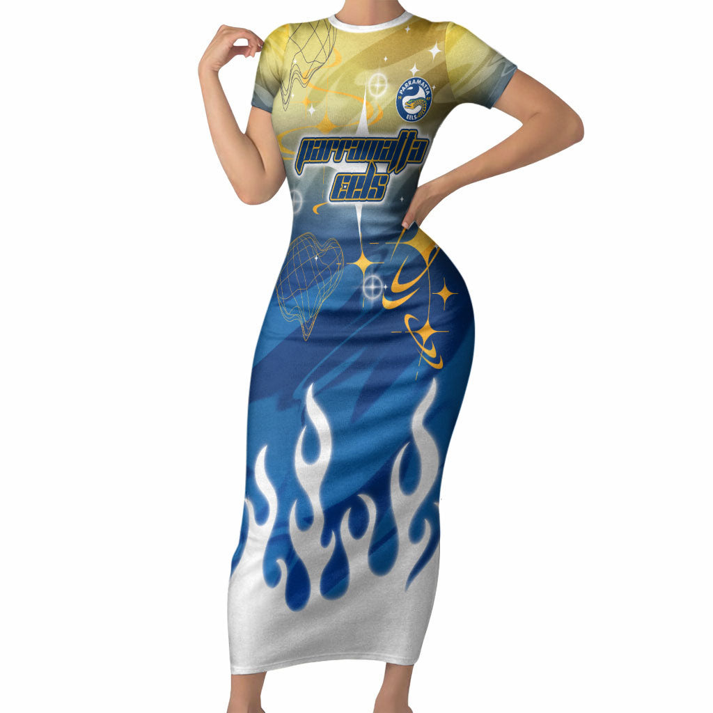 Personalized Parramatta Eels Short Sleeve Bodycon Dress Y2K Grunge Aesthetic With Cyber Flames and Starburst Graphics