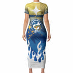 Personalized Parramatta Eels Short Sleeve Bodycon Dress Y2K Grunge Aesthetic With Cyber Flames and Starburst Graphics