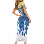 Personalized Parramatta Eels Short Sleeve Bodycon Dress Y2K Grunge Aesthetic With Cyber Flames and Starburst Graphics