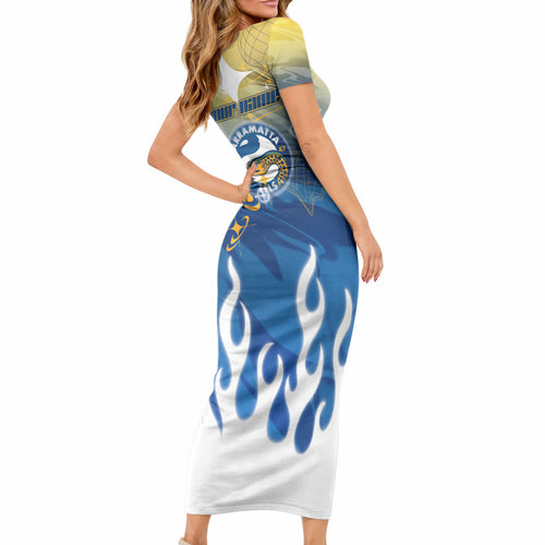 Personalized Parramatta Eels Short Sleeve Bodycon Dress Y2K Grunge Aesthetic With Cyber Flames and Starburst Graphics