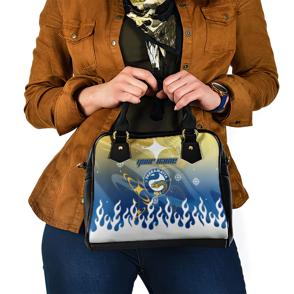 Personalized Parramatta Eels Shoulder Handbag Y2K Grunge Aesthetic With Cyber Flames and Starburst Graphics