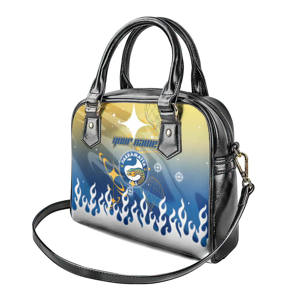 Personalized Parramatta Eels Shoulder Handbag Y2K Grunge Aesthetic With Cyber Flames and Starburst Graphics