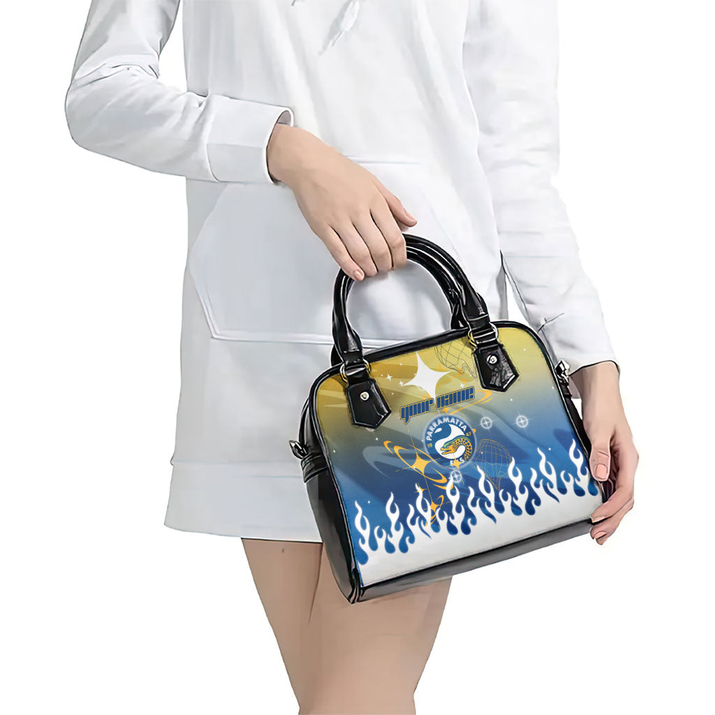 Personalized Parramatta Eels Shoulder Handbag Y2K Grunge Aesthetic With Cyber Flames and Starburst Graphics