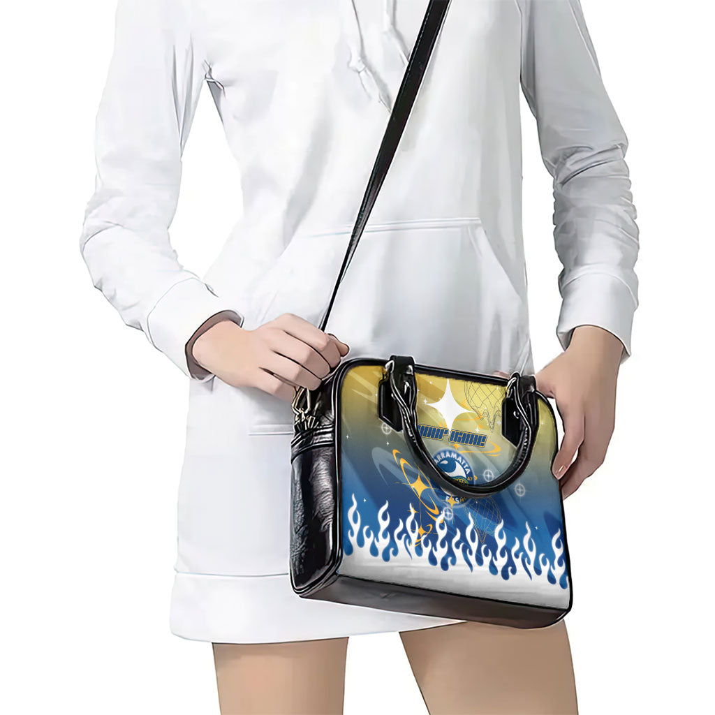 Personalized Parramatta Eels Shoulder Handbag Y2K Grunge Aesthetic With Cyber Flames and Starburst Graphics