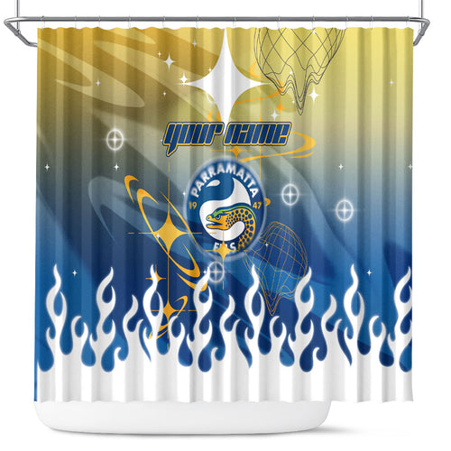 Personalized Parramatta Eels Shower Curtain Y2K Grunge Aesthetic With Cyber Flames and Starburst Graphics