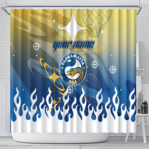 Personalized Parramatta Eels Shower Curtain Y2K Grunge Aesthetic With Cyber Flames and Starburst Graphics