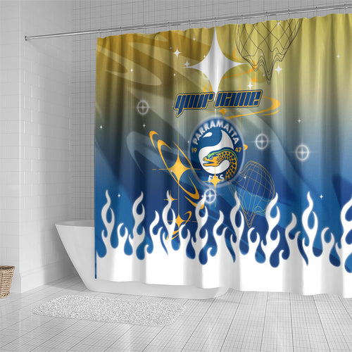 Personalized Parramatta Eels Shower Curtain Y2K Grunge Aesthetic With Cyber Flames and Starburst Graphics