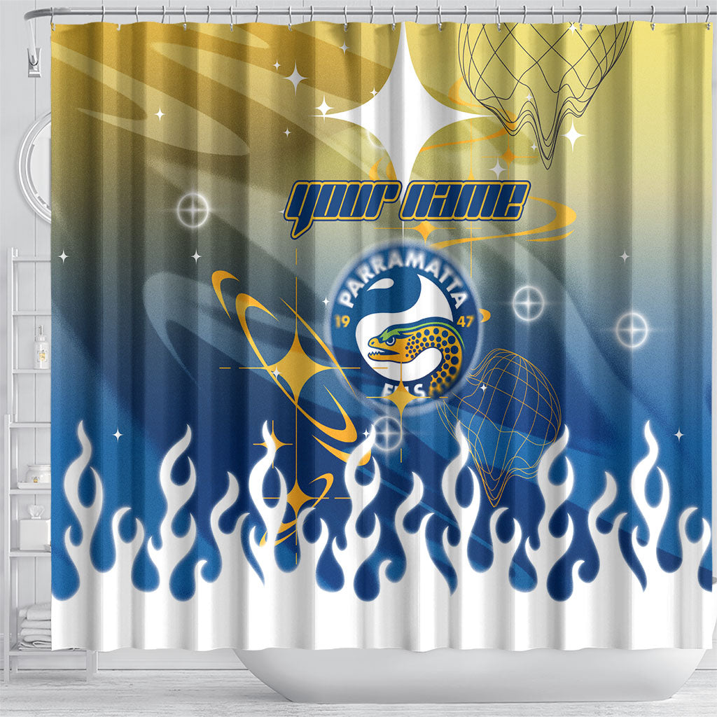 Personalized Parramatta Eels Shower Curtain Y2K Grunge Aesthetic With Cyber Flames and Starburst Graphics
