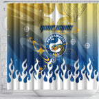 Personalized Parramatta Eels Shower Curtain Y2K Grunge Aesthetic With Cyber Flames and Starburst Graphics