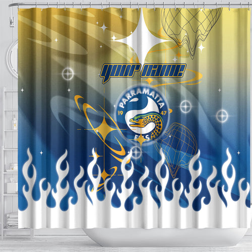 Personalized Parramatta Eels Shower Curtain Y2K Grunge Aesthetic With Cyber Flames and Starburst Graphics