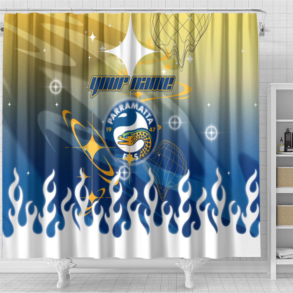 Personalized Parramatta Eels Shower Curtain Y2K Grunge Aesthetic With Cyber Flames and Starburst Graphics