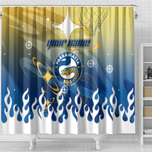 Personalized Parramatta Eels Shower Curtain Y2K Grunge Aesthetic With Cyber Flames and Starburst Graphics
