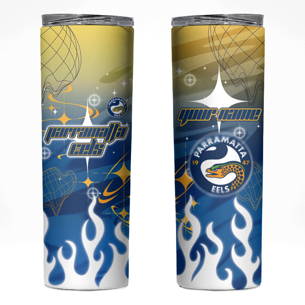 Personalized Parramatta Eels Skinny Tumbler Y2K Grunge Aesthetic With Cyber Flames and Starburst Graphics