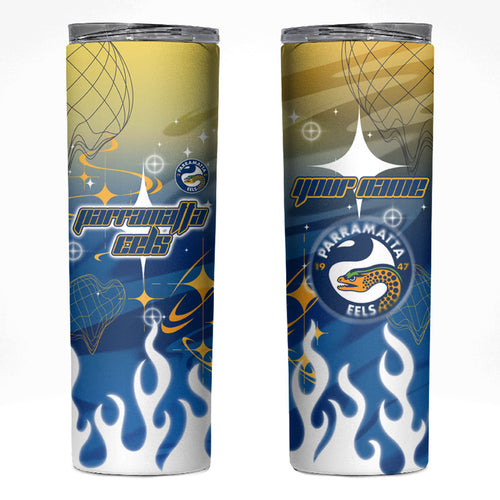 Personalized Parramatta Eels Skinny Tumbler Y2K Grunge Aesthetic With Cyber Flames and Starburst Graphics
