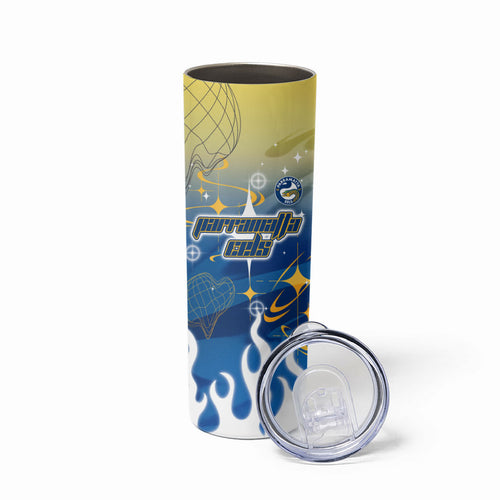 Personalized Parramatta Eels Skinny Tumbler Y2K Grunge Aesthetic With Cyber Flames and Starburst Graphics