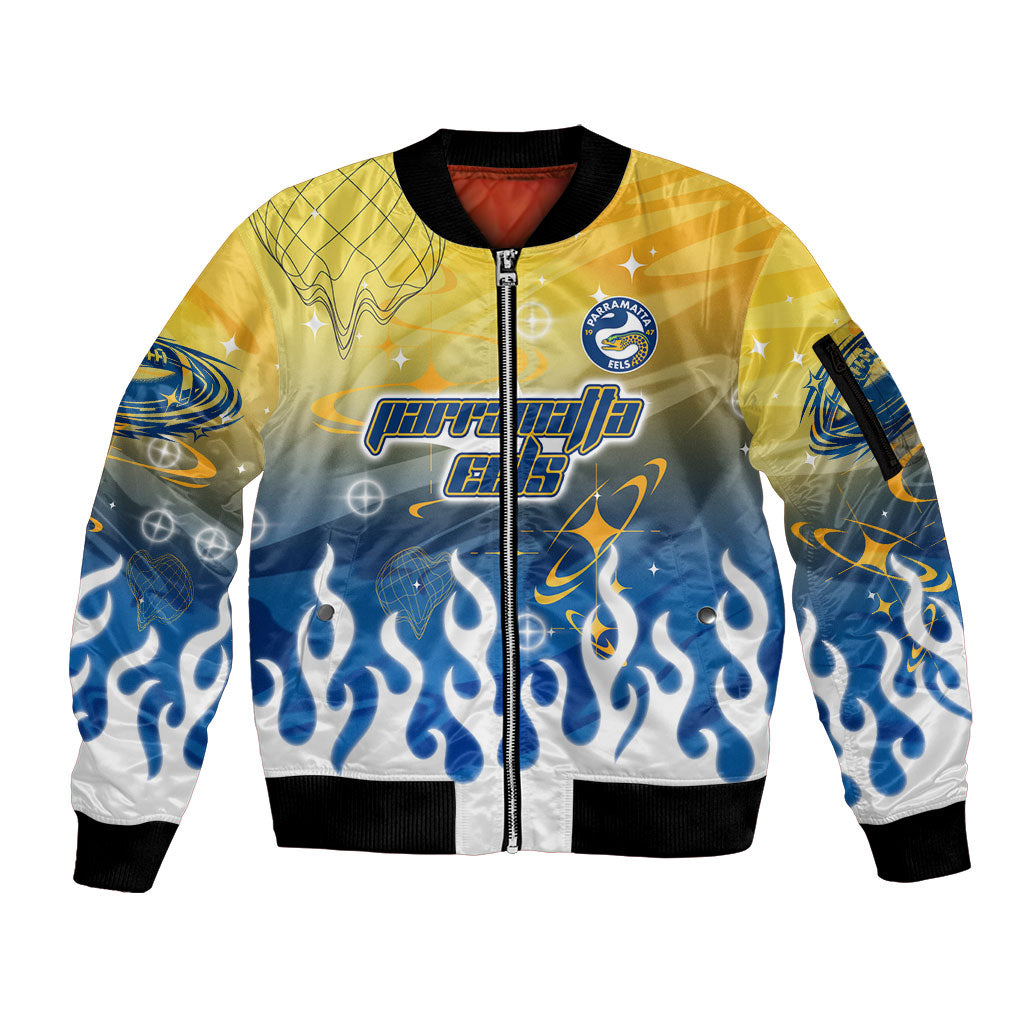 Personalized Parramatta Eels Sleeve Zip Bomber Jacket Y2K Grunge Aesthetic With Cyber Flames and Starburst Graphics