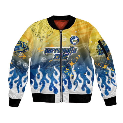 Personalized Parramatta Eels Sleeve Zip Bomber Jacket Y2K Grunge Aesthetic With Cyber Flames and Starburst Graphics